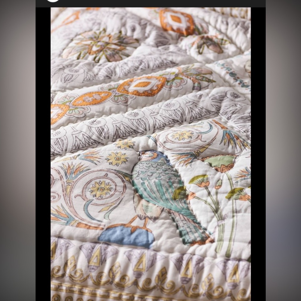 Anthropologie Cotton Voile Printed Farrah Bird Print Quilt with Shams